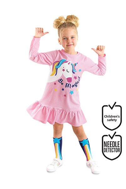 Denokids Unicorn Magic - dívčí růžové volánové šaty s dlouhým rukávem