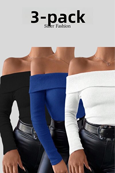 Siner Fashion Γυναικεία μακρυμάνικη μπλούζα με γιακά Madonna, 3 τεμαχίων