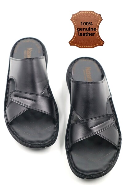nazenintasarımlar Men's Genuine Leather Massage Sole Black Slippers