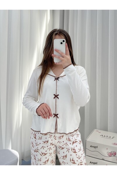 Lena Homewears Ecru Leaf Patterned Bow Detailed Pajama Set