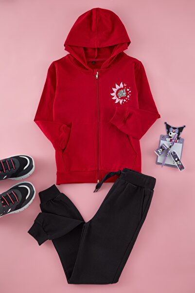 TRENDYOLKIDS Red Girl's Slogan Knitted Bottom-Top Suit Tkdaw25Au00040