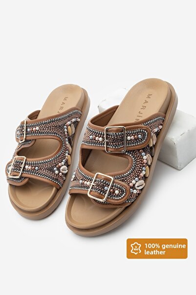 Marjin Dámske papuče z pravej kože – dvojité pruhy, korálky a kamienkové detaily, Daily Ritola Tan