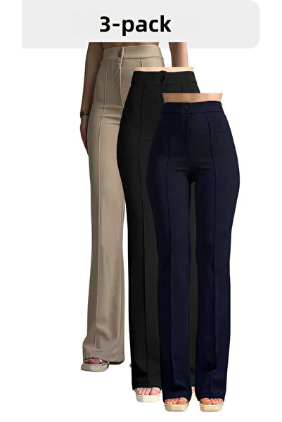 THIFF GYMWEAR Set de 3 pantaloni Palazzo pentru femei – negru, bej, bleumarin, lycra creponată, croiala jogger cu talie înaltă