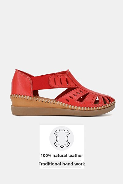 TUNAELLİ Women's Red Khaki Leather 35-41-42 Number Strapped Flat Wedge Heels Side Open Sandals