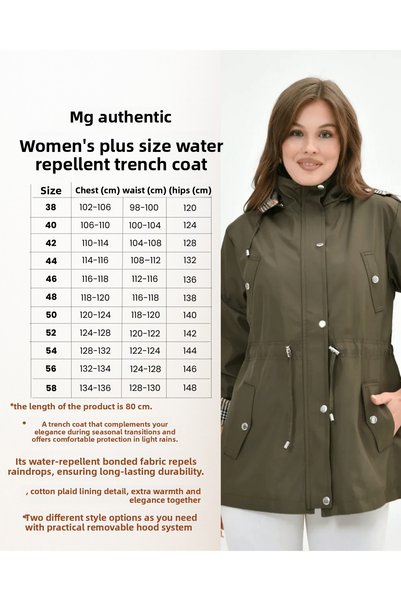 Butik Women's Water-Resistant Plus Size Zip-Up Hooded Cotton Plaid Trench Coat
