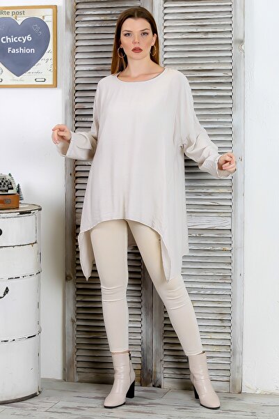 Chiccy Italian Beige Round Neck Long Sleeve Casual Linen Blended Asymmetrical Knitted Tunic