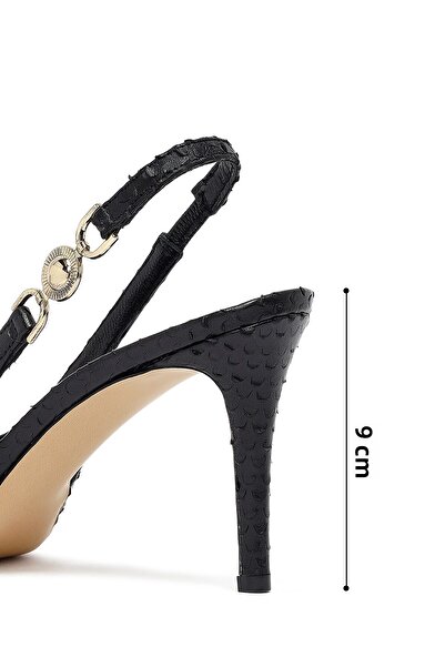 Derimod Women's Black Buckle Open Back Patterned Thin Heeled Leather Shoes 25Afd120240