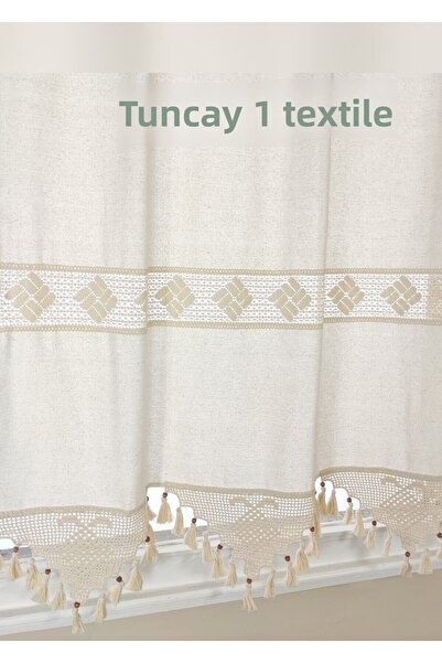 TUNCAY TEKSTİL Buldan Work Authentic Handcrafted Lace Curtain 100% Cotton Natural Linen Sunshade Curtain