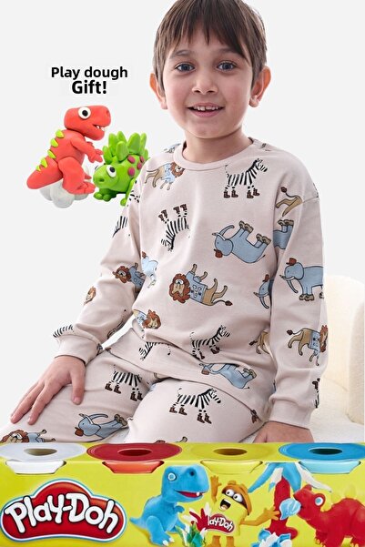 ZUZUNGA Dětská pyžamová souprava se zvířecím vzorem Interlock ze 100% bavlny (4dílná hrací těsto DÁREK)