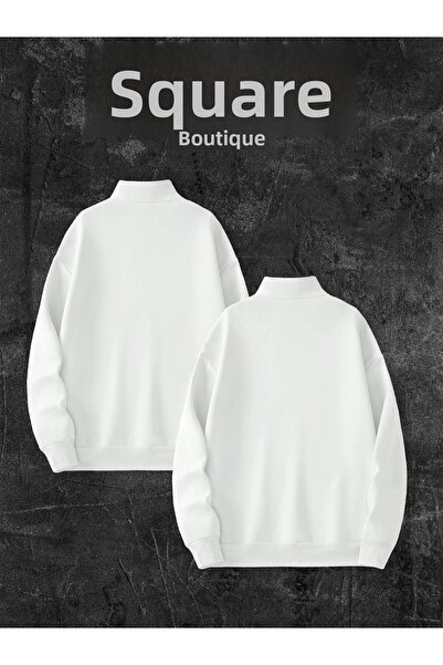 Plaza Butik Бял комбиниран суичър за двойка с 3 струни Aside the Lion - половин цип