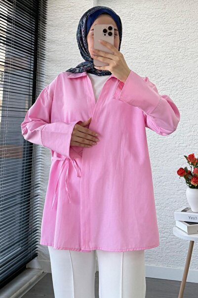 MELEK ARAZ Kimono din poplin cu guler cămașă cu legături laterale - roz