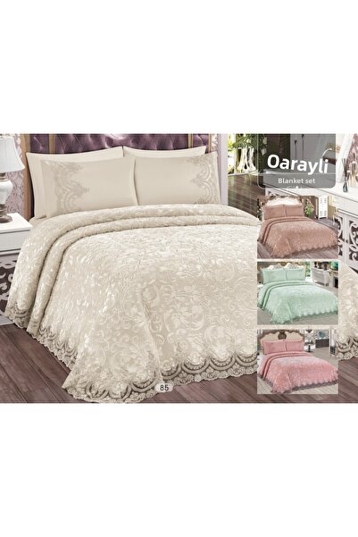Kelebek Cream Double French Laced Blanket Set, Bedspread Set