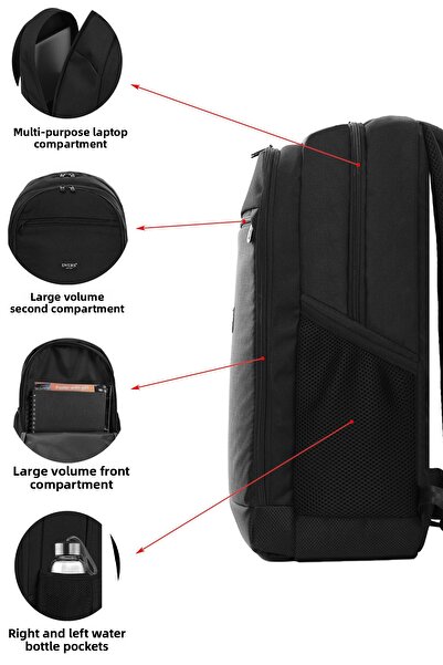 D'VERS Unisex Black Waterproof 3 Compartment Daily Travel and School Backpack with Pen Holder