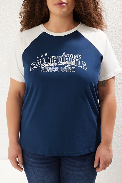 Trendyol Curve Plus Size Blue Block Printed Cotton T-Shirt - Tbbss23Bf00014