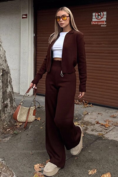 Swist Hnědé Cara Polo Crop kalhoty s límečkem a oboustranným zipem Dámské úpletové kalhoty Spodní díl Top Set