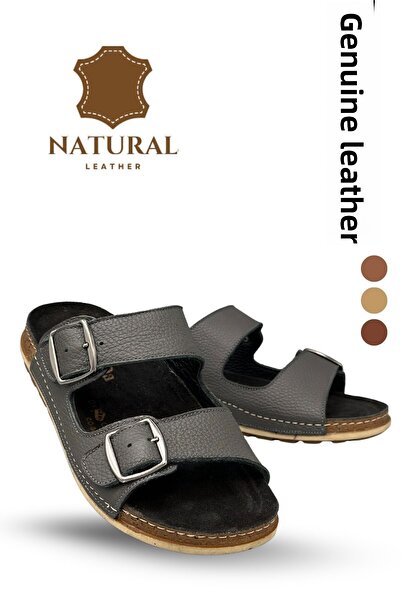 sermoda Ρυθμιζόμενες ανδρικές παντόφλες από γνήσιο δέρμα με διπλή πόρπη Παντόφλες από φυσικό δέρμα T Smoked