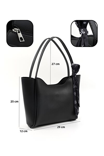 SHAKA Μαύρη τσάντα χεριού, χεριού και ώμου από συνθετικό δέρμα με φερμουάρ μονής θήκης με φουλάρι δώρο