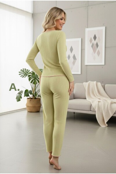 Siyah İnci Green Cotton Perforated Lace Knitted Pajama Set7928-7