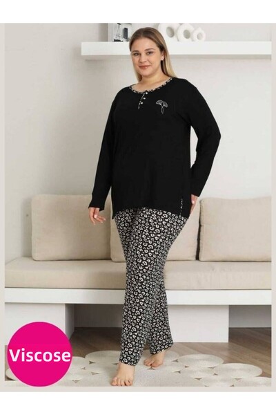 ALİMER Set de pijamale cu mânecă lungă din viscoză, cu decolteu negru, cu 3 n...