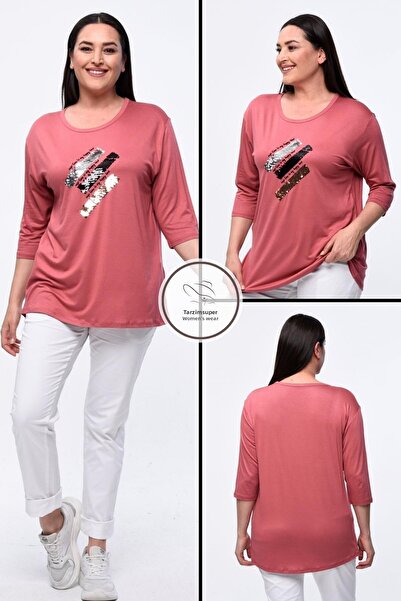 tarzımsüper Plus Size New Season Άνετο Μοντέλο Παγιέτες Παγιέτες Κεντημένες Ημιμανίκι Παγιέτες Mother 4 Seasons Μπλούζα
