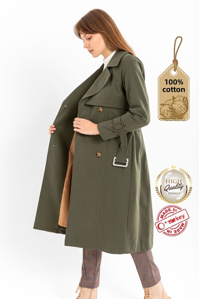 PASTELASTORE Khaki 100% bavlna gabardin dlouhý (110CM) dámský trenčkot s podšívkou a páskem 1111