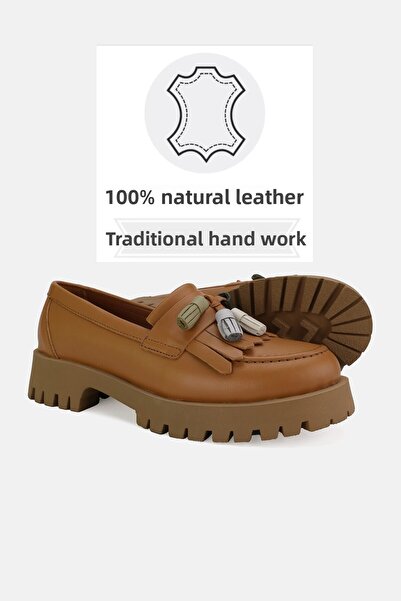 TUNAELLİ Светлокафяви дамски мокасини от естествена естествена кожа - 36-41 размер обувки с пискюли