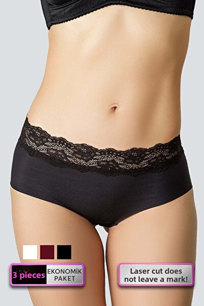 Pierre Cardin Economic Pack of 3 Ecru-burgundy-black 2844 Lace Laser Cut High Waist Panties (NETWORK PIECE COTTON)