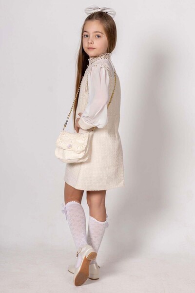 Riccotarz Girl's Chanel Cream Dress with Guipure Embroidered Shoulders and Chest and Stone Button Detail