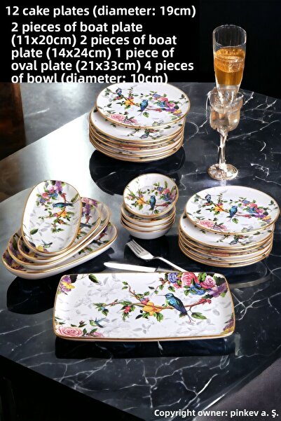 Pinkev Flora 21 Pieces 12 Person Ceramic Breakfast Cake Presentation Plate Set - Kup124F