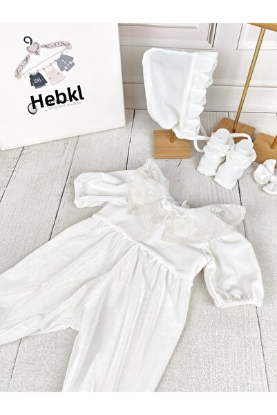 Hobidik Baby Girl Off-White Silk Velvet Cream Laced Jumpsuit