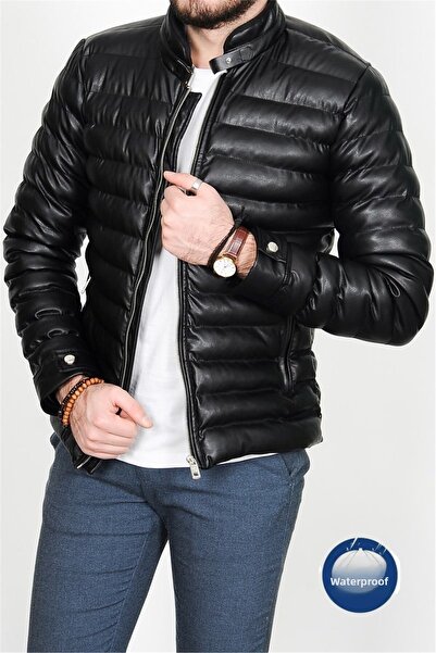 Oliggopol Ανδρικό Μαύρο Δερμάτινο Παλτό Γούνινο Πουφερ με Εσωτερική Τσέπη