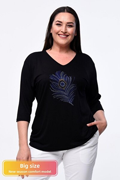 tarzımsüper New Season Plus Size Κομψή μπλούζα παγώνι με κέντημα με πέτρα - Μοντέλο άνεσης, 4 εποχές