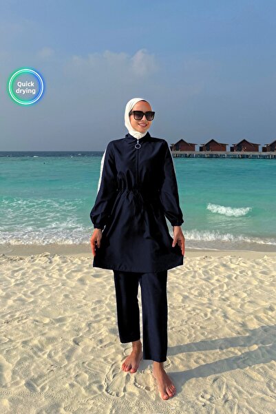 Ka Hijab Sequin Detail Full Covered 2-Piece Hijab Swimsuit - Navy Blue