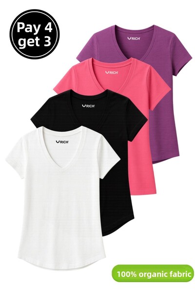 Rich Γυναικείο μπλουζάκι 4 συσκευασιών μαύρο-άσπρο-μωβ-ροζ 100% οργανικό βαμβάκι T-shirt με λαιμόκοψη