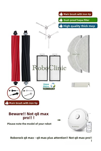 Roboclinic Perie de schimb compatibilă cu aspiratorul robot Roborock Q8 Max, Q8 Max Plus, filtru Hepa, set de mop-9 bucăți