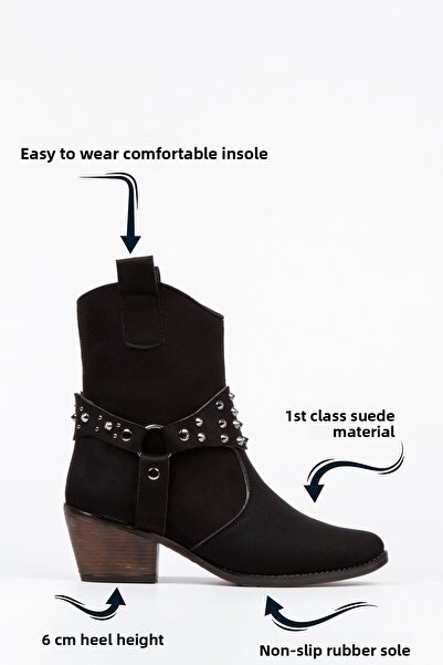 Limeo Cizme de cowboy scurte pentru damă, realizate manual, cu vârfuri din metal, cu toc negru