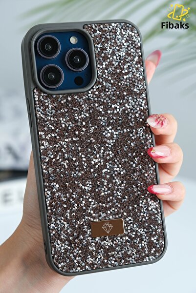 Fibaks Apple iPhone 16 Pro Case with Velvet Diamond Design Gray Stone Sparkling Diamond Silicone Cover