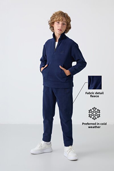 TOMMY LIFE Boy's Fleece Tracksuit Set - Navy Blue, Embroidered, Thick Soft Te...
