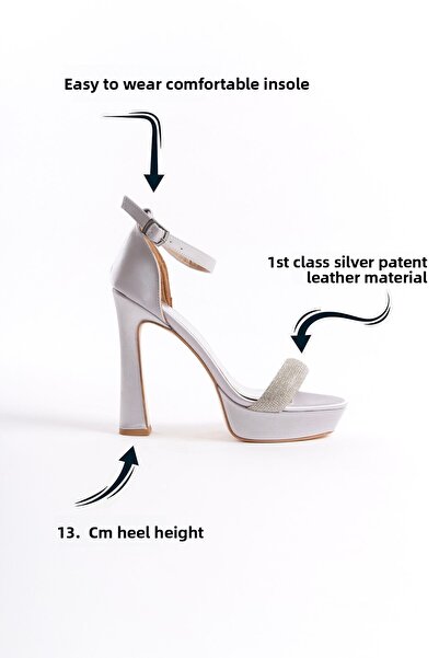 Limeo Silver Shiny Rhinestone Single Stripe Buckle Thin High Heeled Women's Evening Dress Shoes