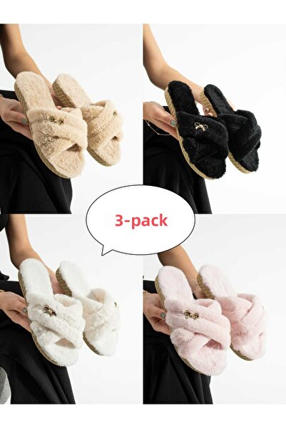 Moda Devrin 3-Piece Pack Ribbon Buckle Plush Winter Women's Slippers Dowry Bundle Set
