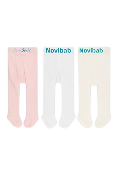 Novibaby عبوة من 3 جوارب طويلة قطنية للأطفال، جوارب مدرسية قطنية للأطفال حديثي الولادة، أبيض إكرو وردي