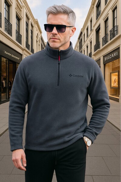COMBİNE MİCHAİL Men's Half Zipper Smoked Slim Fit Fleece Sweatshirt