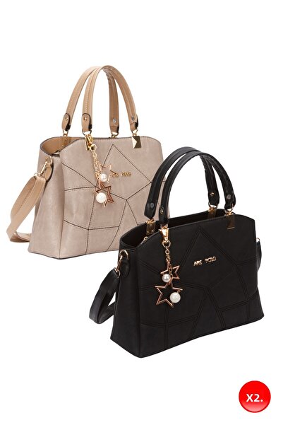 Adelina Bags Γυναικεία τσάντα χεριού και ώμου με λεπτομέρεια γούρι με πεταλούδα μαύρο και βιζόν 2 τεμάχια