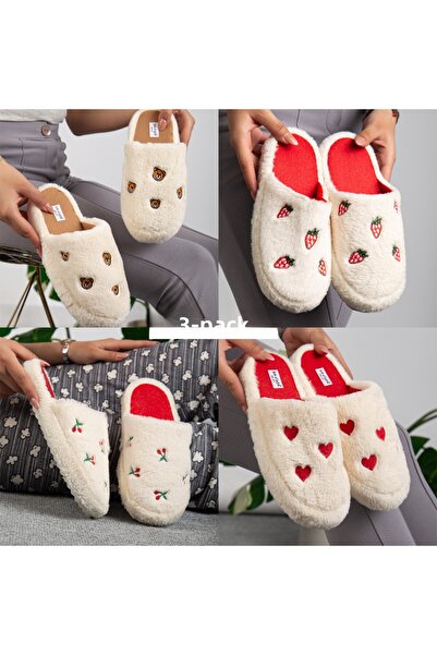 Jackers Pachet de 3 papuci de casă brodați cu inimă, căpșuni, cireșe, ursuleț, pentru balcon, pentru mireasă