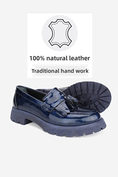 TUNAELLİ ДАМСКИ МОКАСИНКИ ОТ ЕСТЕСТВЕНА КОЖА В ТЪМНОСИН СИНЬО, ЛАЧЕНА, РАЗМЕР 36-41