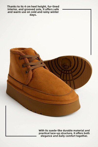 Nstil Women's Casual Tan Boots - Thick High Sole, Lace-Up and Fur Lined, Oval Toe Comfortable U15