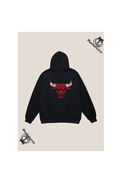 MarkaTurko Černá mikina s kapucí a potiskem na zádech Bulls Special Design 1003