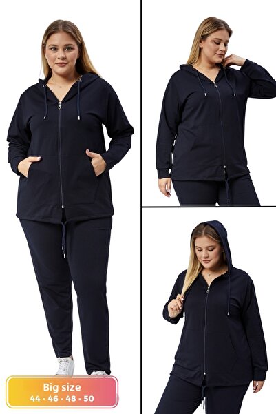 tarzımsüper Σετ Plus Size Ελαστική μέση Comfort Μοντέλο με κουκούλα με φερμουάρ και αθλητικό σετ φόρμας