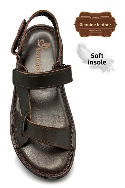 sermoda Genuine Leather Velcro Men's Sandals Brown