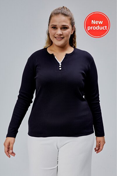 BANEGA Curve Plus Size 100% Cotton Lycra Crew Neck Basic Plain Long Sleeve Black Blouse